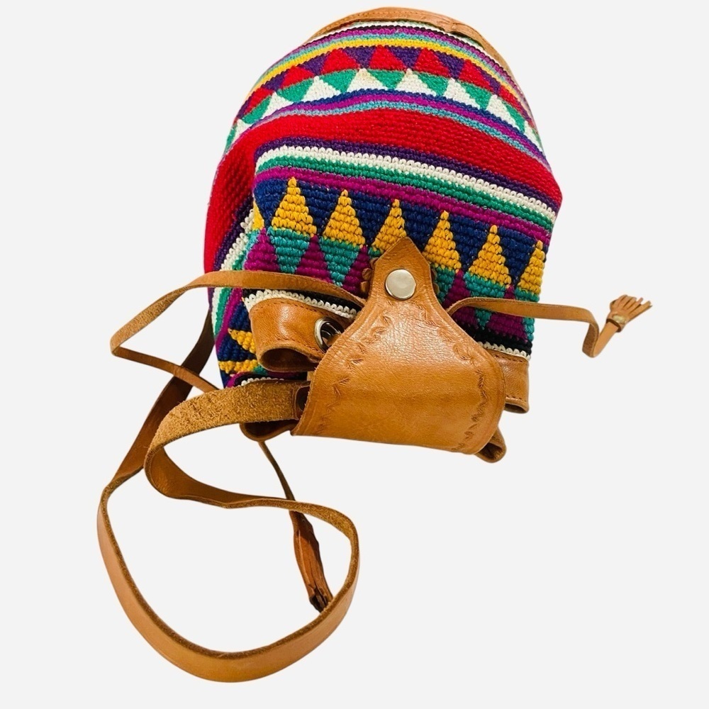 Vintage Handmade Guatemala Boho Multi Color with Leather Trim Bucket Bag - Picture 10 of 15